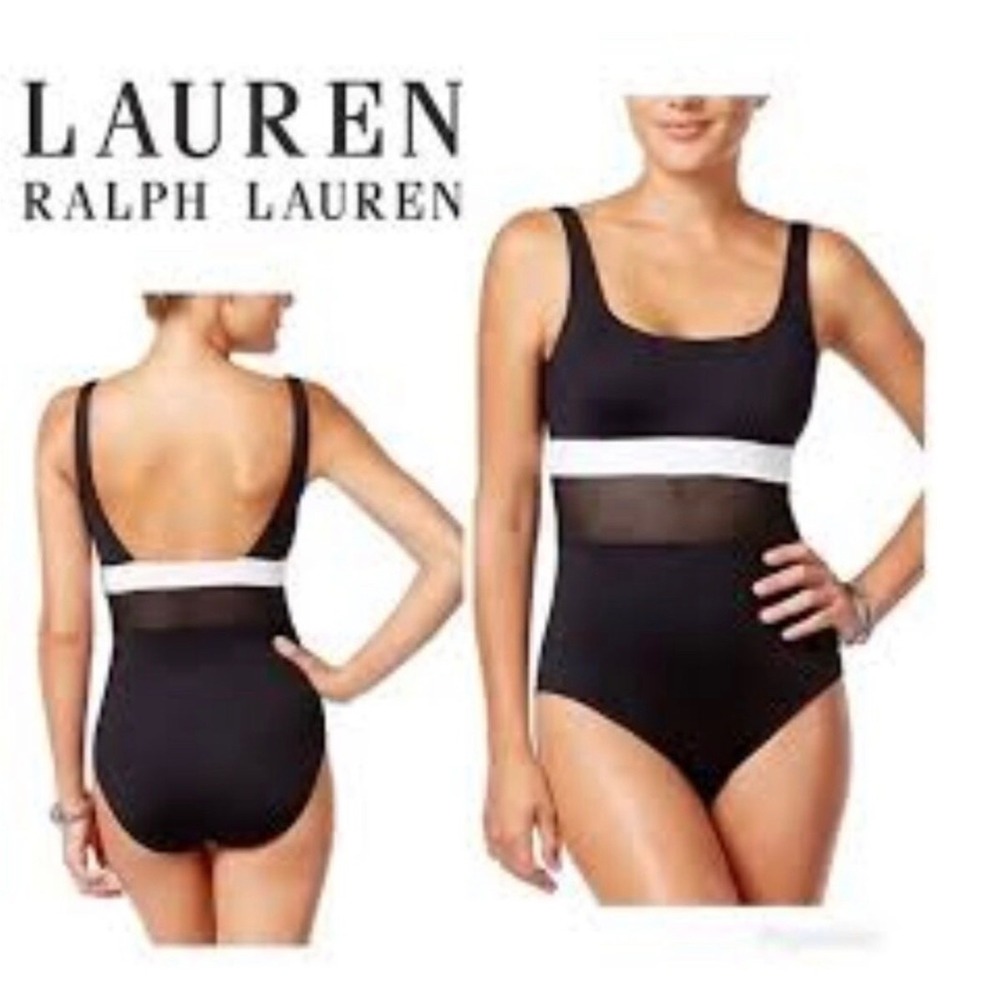 Lauren Ralph Lauren Womens BLACK‎ WHITE MESH One-Piece Swimsuit Black, Size-16